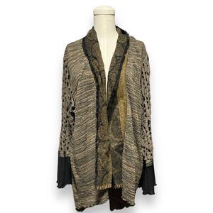 Lee Andersen XS Brown Knit Open Cardigan Artistry Sweater Black Silk Bell Sleeve
